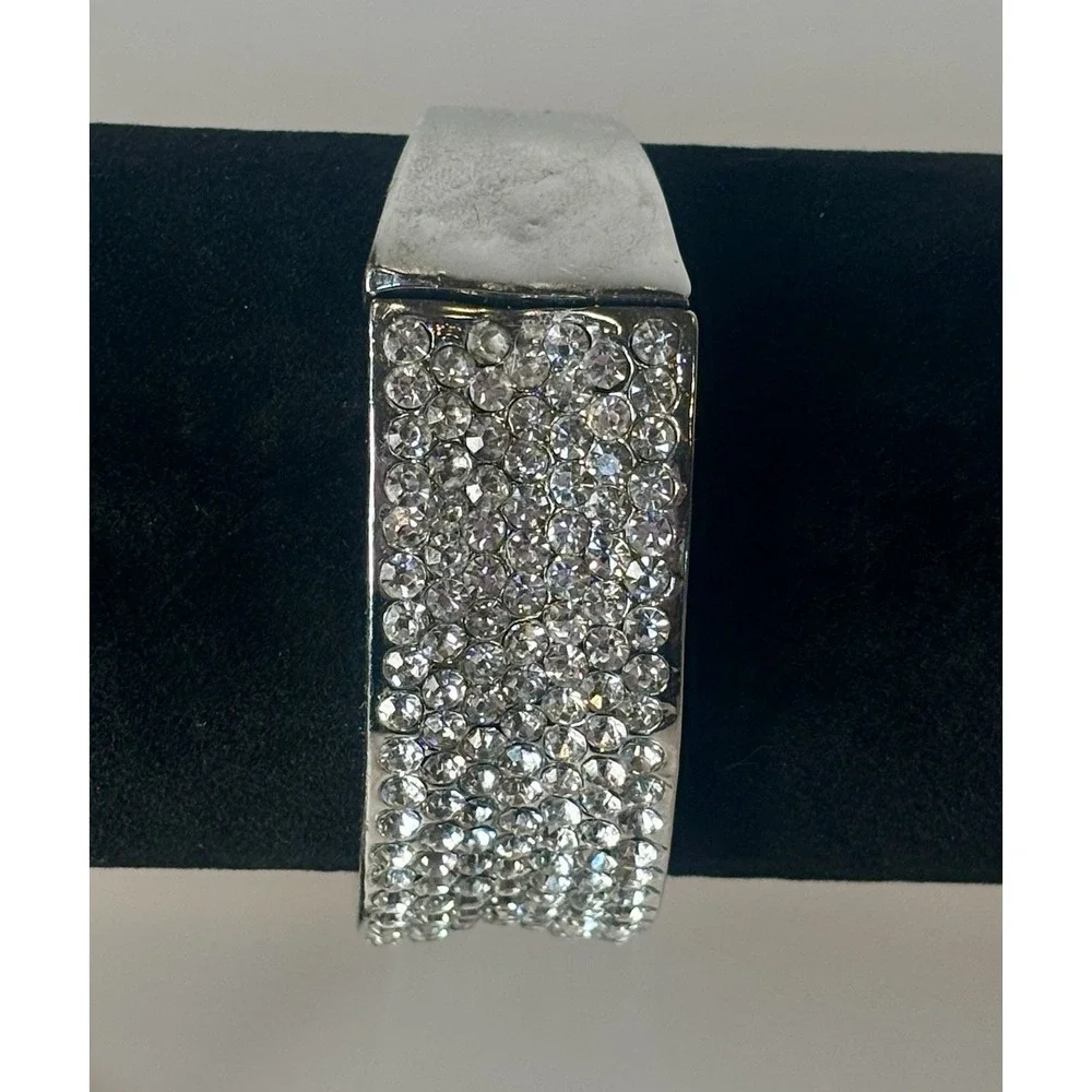 Vintage Silvertone Crystal Wide Hinged Bangle Bracelet